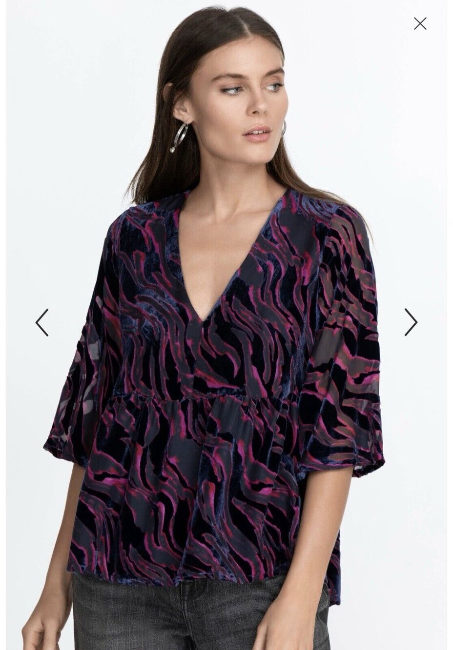Johnny Was Velvet Burnout Blouse Small Jewel Tone Abstract Bell Sleeve V-Neck